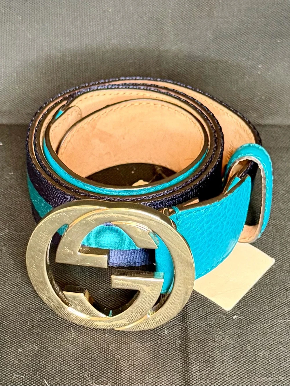 Gucci Blue/Navy Striped Web Belt w/ Gold GG Buckle (80 cm)
